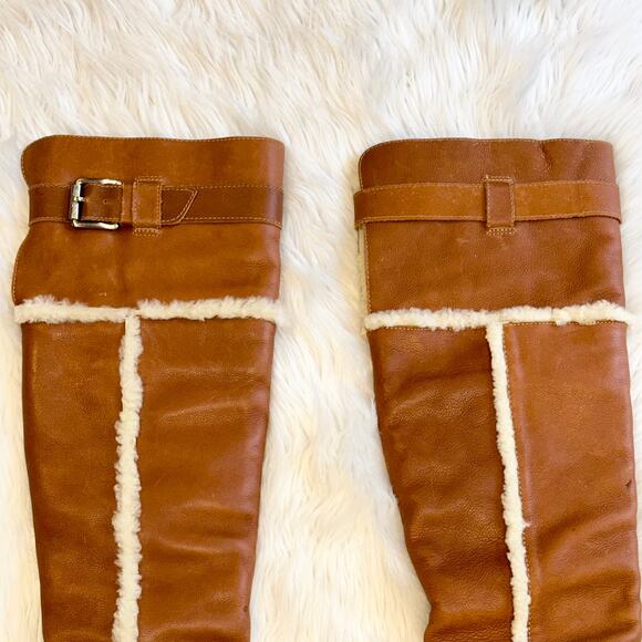 Michael Kors Casey Over The Knee Boots Leather Shearling Lined Buckle Heeled - Picture 4 of 14
